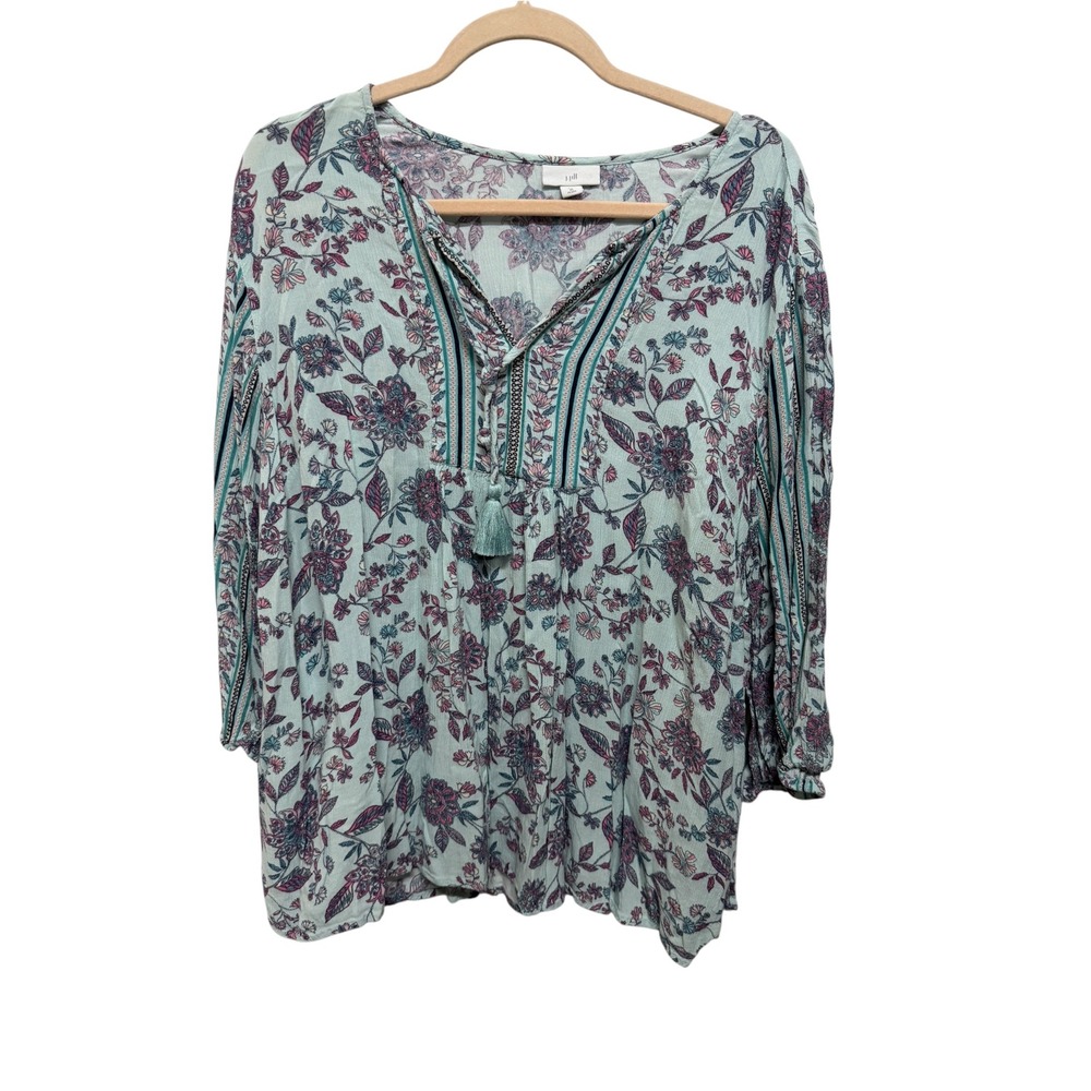 J.Jill XL Petite Floral Paisley Peasant Blouse Blue Green 3/4 Sleeve Boho Top